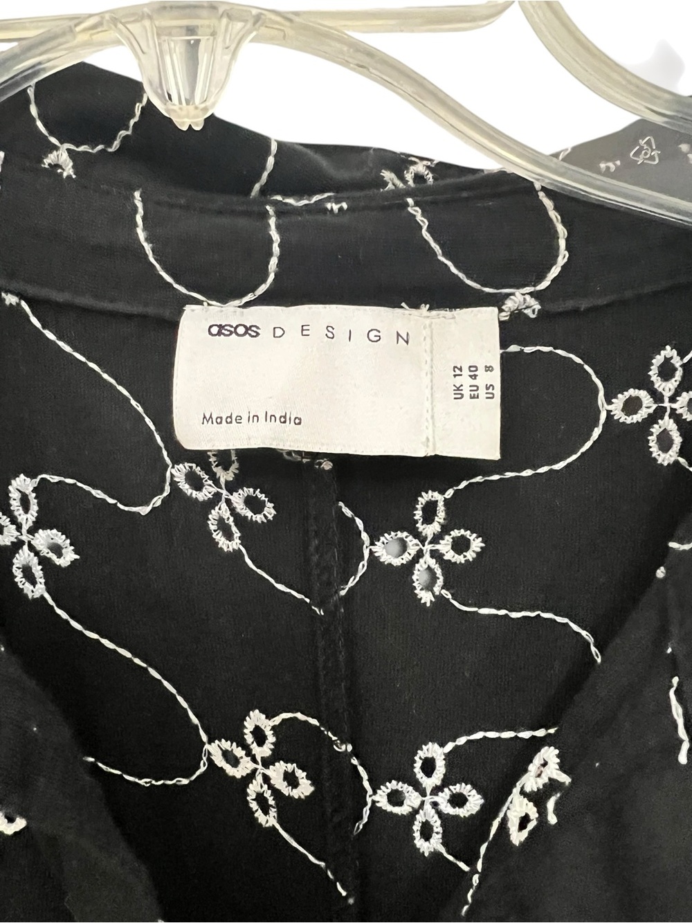 ASOS Black Midi shirt Dress with White embroidered Chain-Link eyelet detail. - Picture 2 of 10